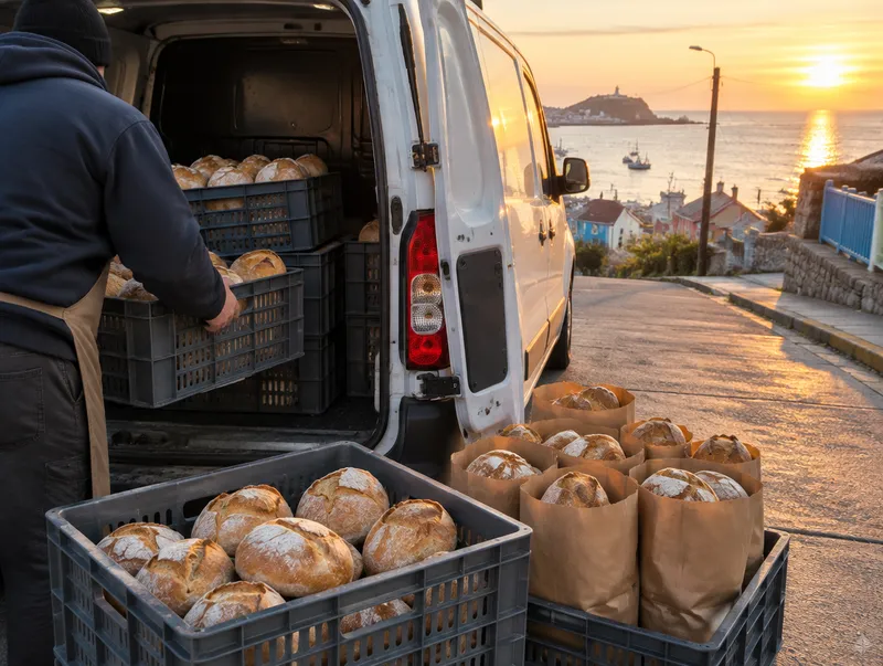 Cajas de pan amasado cargadas en furgón de reparto al amanecer en la costa
