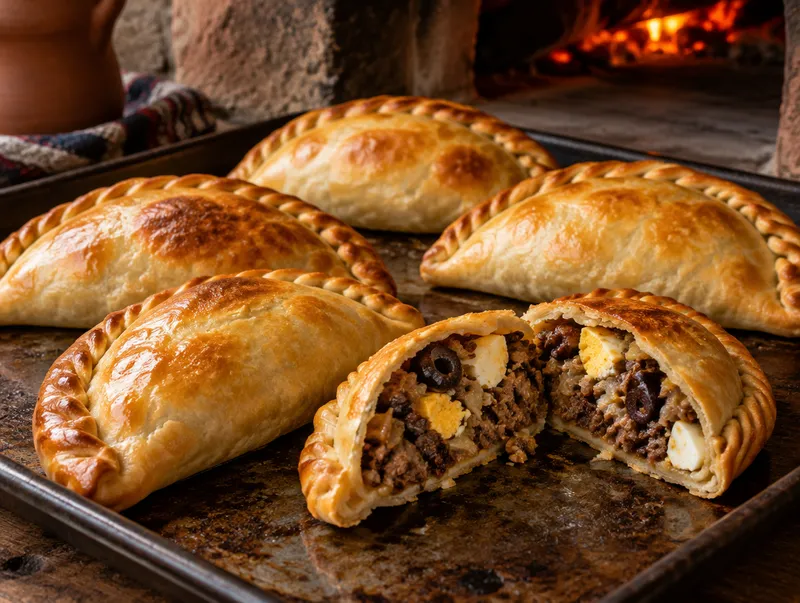 Empanadas de pino al horno, una partida con carne, cebolla, huevo y aceituna
