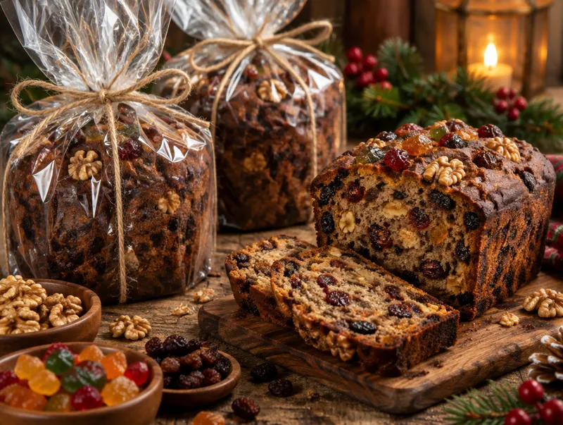 Pan de pascua con nueces y frutas confitadas envuelto en celofán para la venta